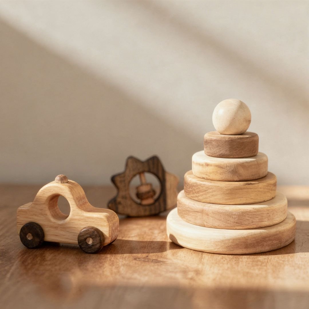Wooden stacking toys organized together